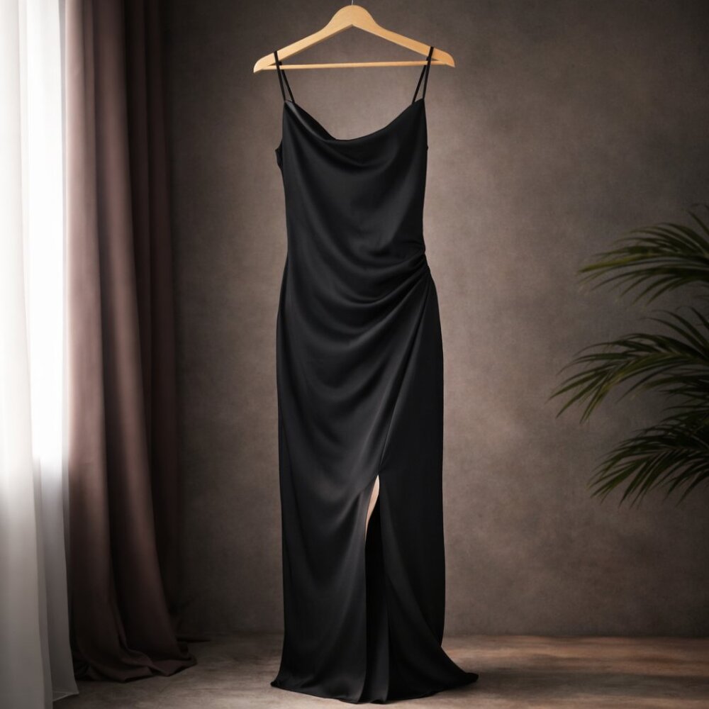 Altar’d State Black Satin Cowl Neck Ruched Maxi Dress S Bias Cut Whimsigoth NWT